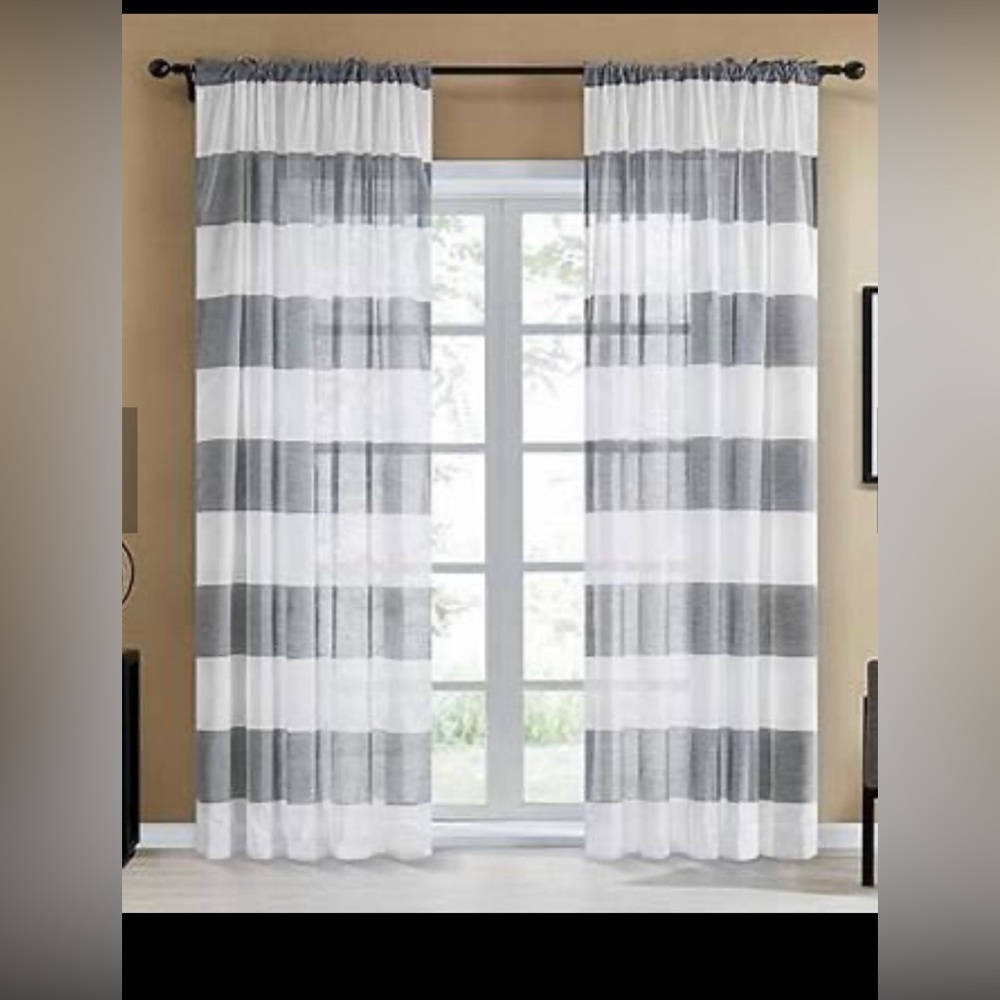 New Sabrette faux silk white and gray stripe curtains panels, set of 2